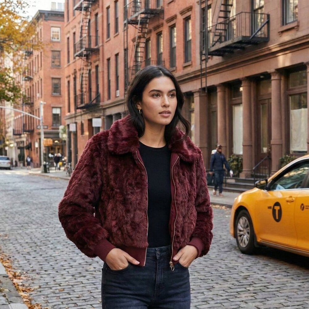 Express Burgundy Faux Fur Ring Zip Bomber Jacket XS